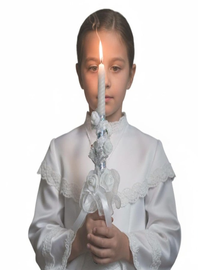 Devino Ora First Holy Communion and Confirmation Scented Candle for Christian Rituals Non-Toxic Non-Smoke Natural Wax Long Lasting Burn time 12 Inch Height and 1-inch Width (White Rose) - Image 1